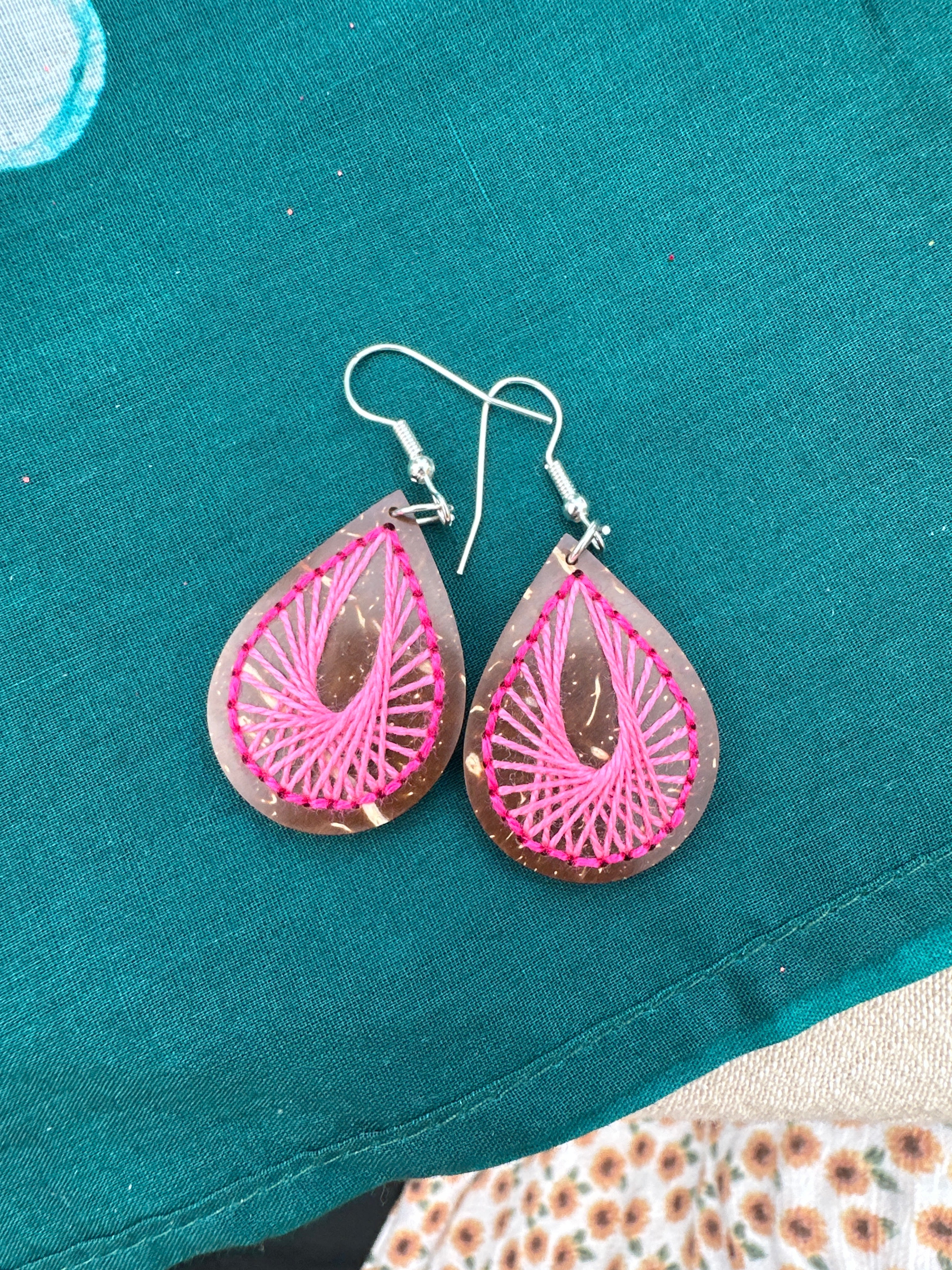 Coconut Shell Earrings with Pink Threads