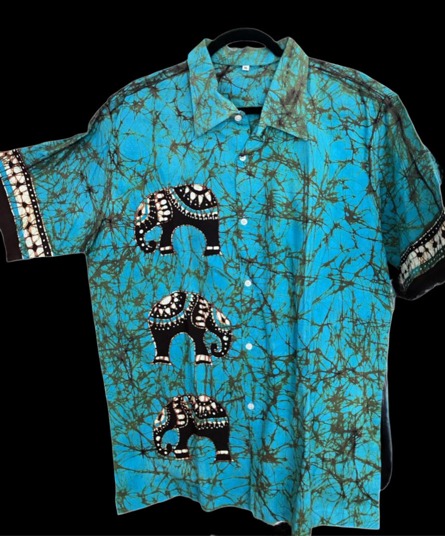 Blue Batik Shirt with Elephants