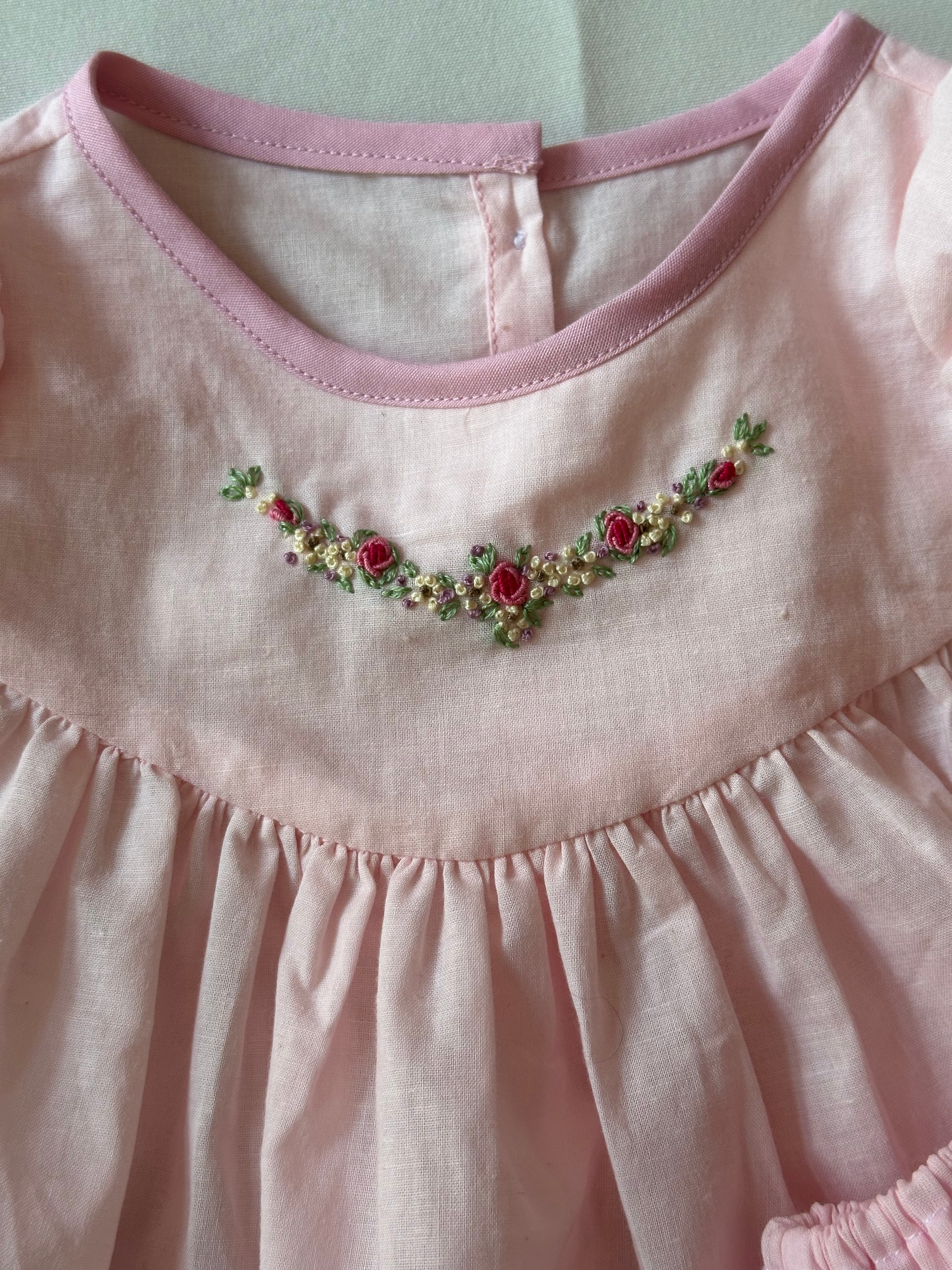 Puff Sleeve Embroidered Baby Girl's Dress with Bottoms