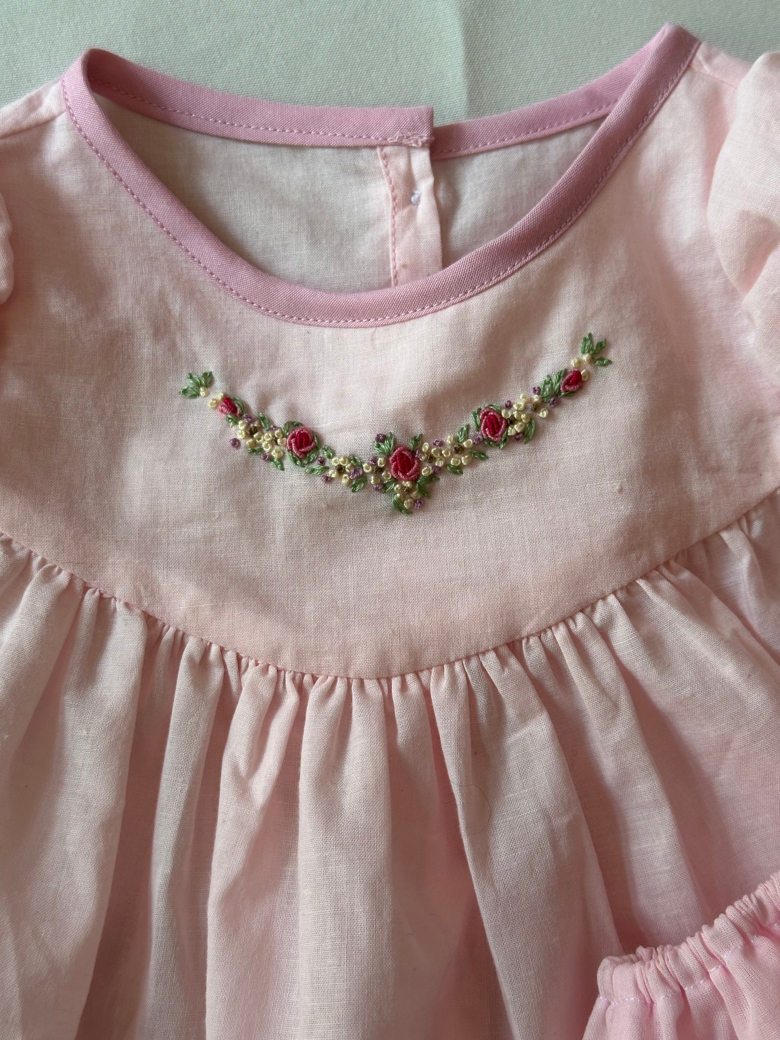 Puff Sleeve Embroidered Baby Girl's Dress with Bottoms