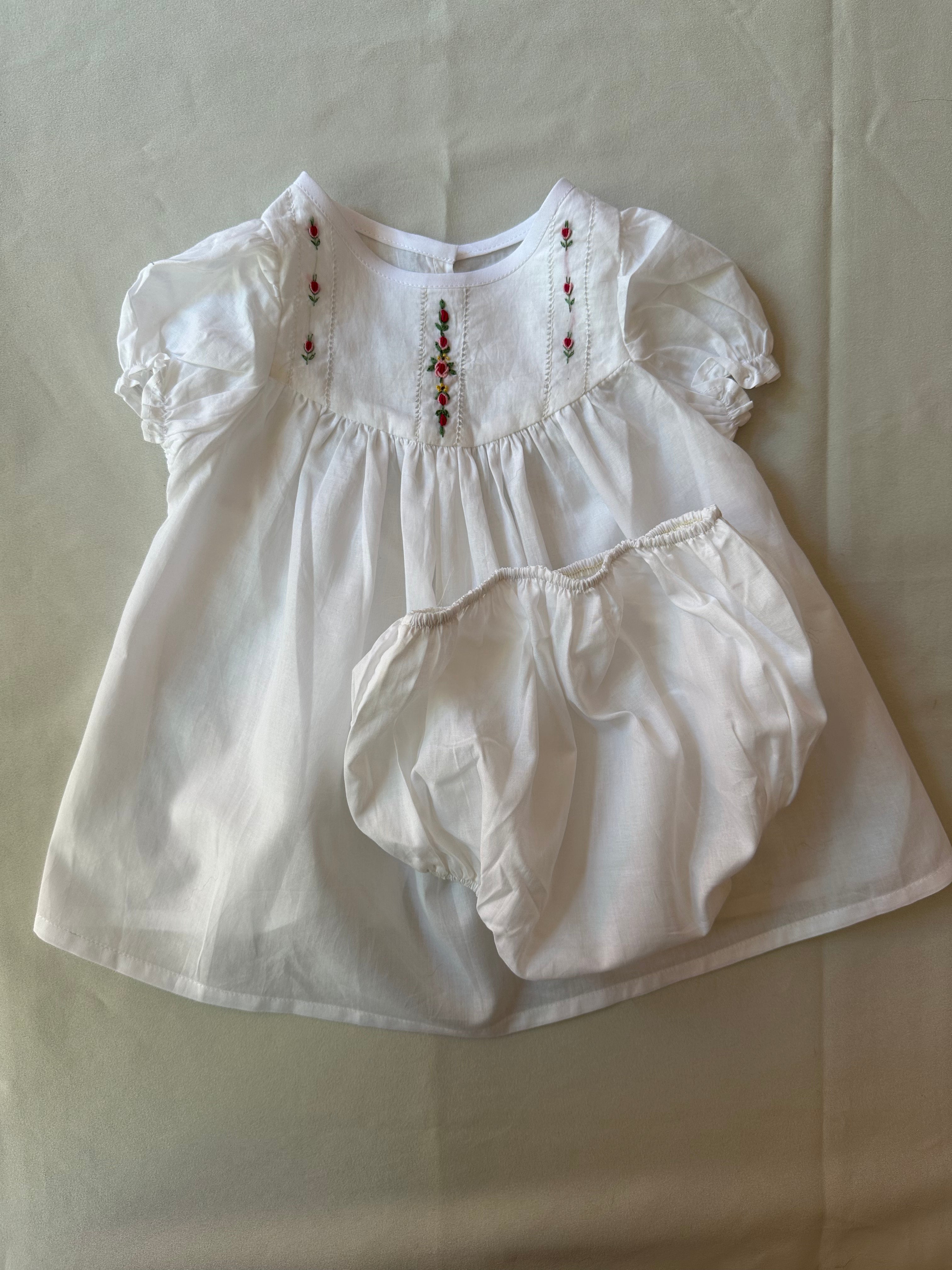 Puff Sleeve Embroidered Baby Girl's Dress with Bottoms